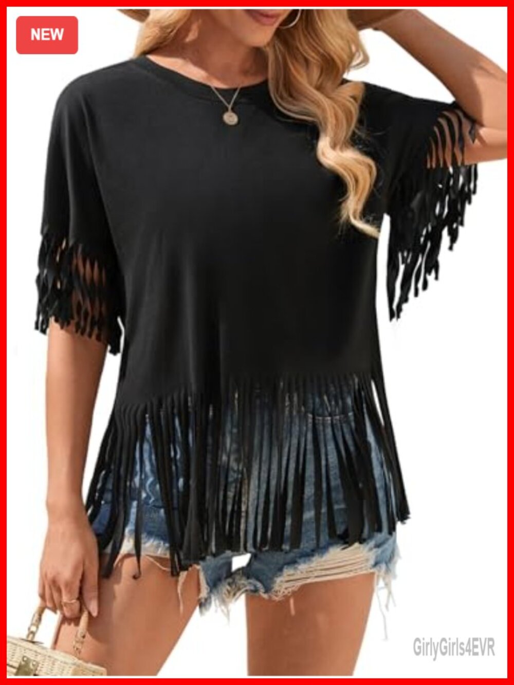 Fringe Tops for Women Oversized Short Sleeve Crew Neck Polyester T-Shirt